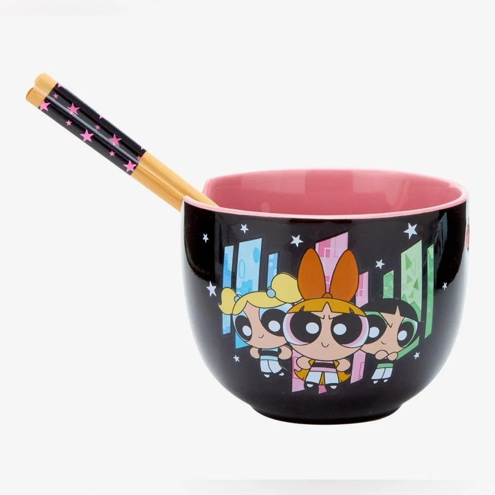 Powerpuff Girls Black and Pink Ramen Bowl with Chopsticks- NWT